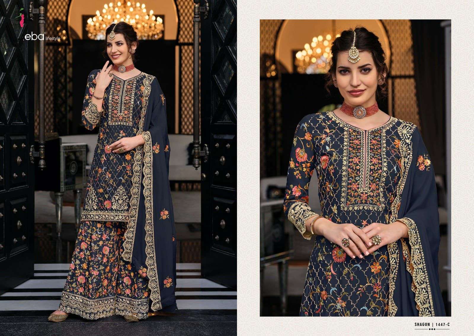 SHAGUN COLOR EDITION CHINON EMBOIDERY WORK KURTI WITH PLAZZO AND DUPATTA BY EBA LIFESTYLE BRAND 1447 C